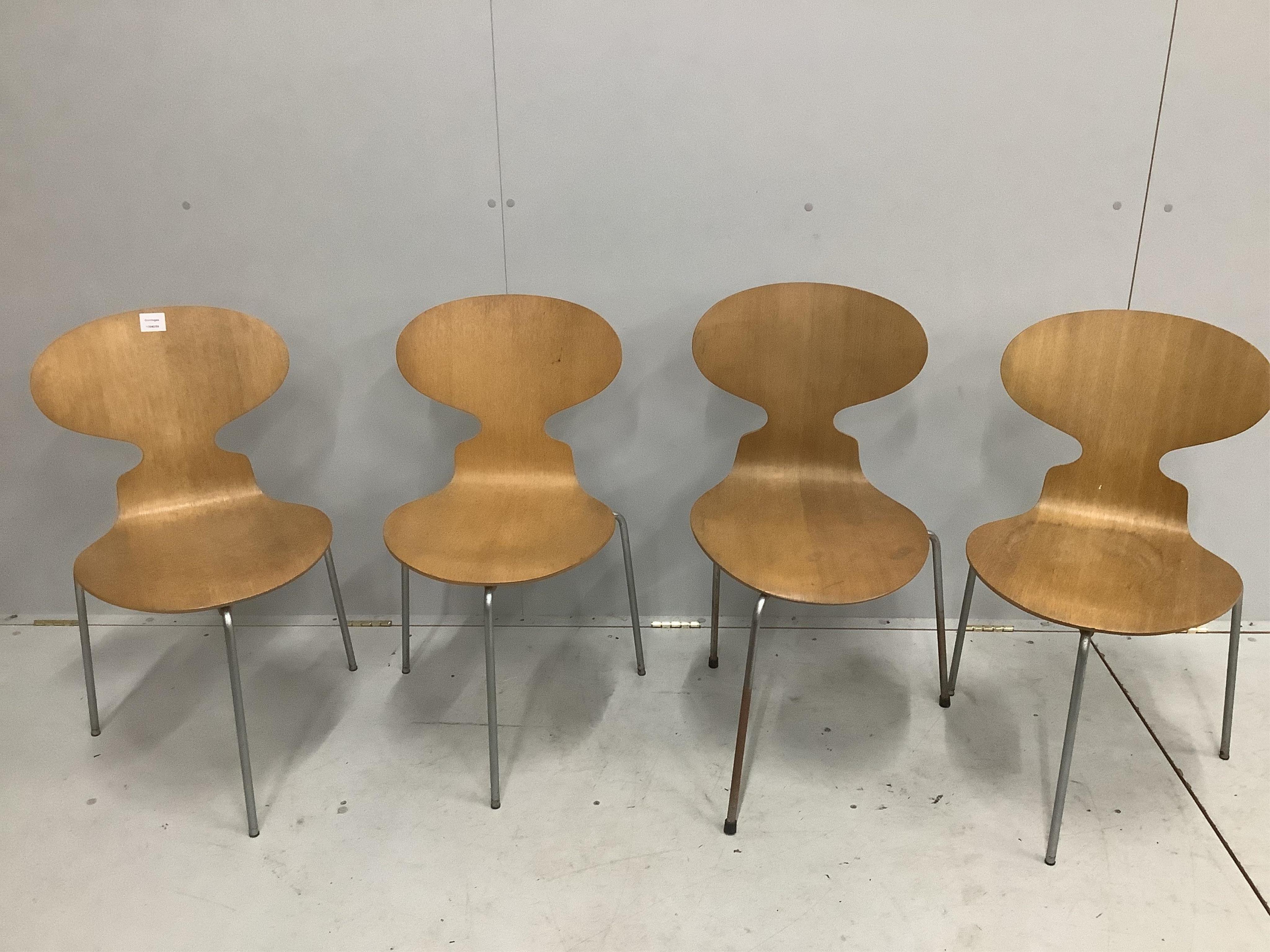 Original Ant design by Arne Jacobsen for Fritz Hansen in 1952. A set of four chairs, width 41cm, depth 40cm, height 80cm. Condition - poor to fair